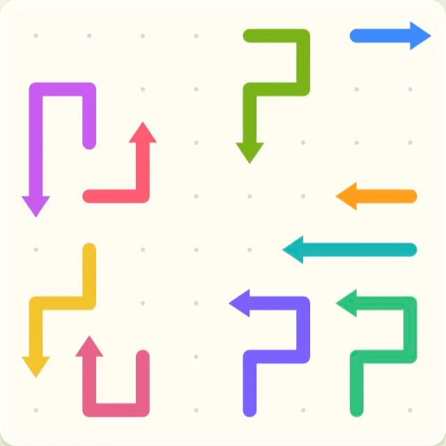 The real first level with ten colored arrows, including a blue rightward exit at the top and a yellow arrow below a purple downward arrow on the left.